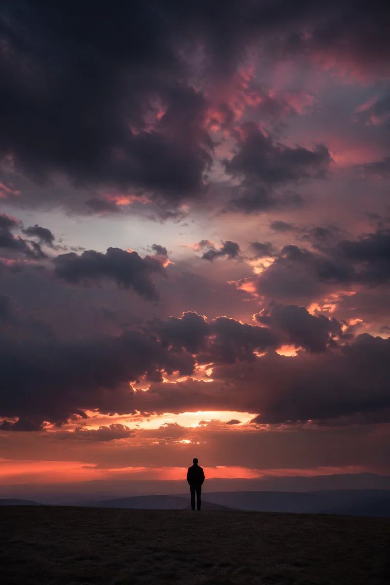 Solitary Silhouette Beneath Dramatic Sunset Sky