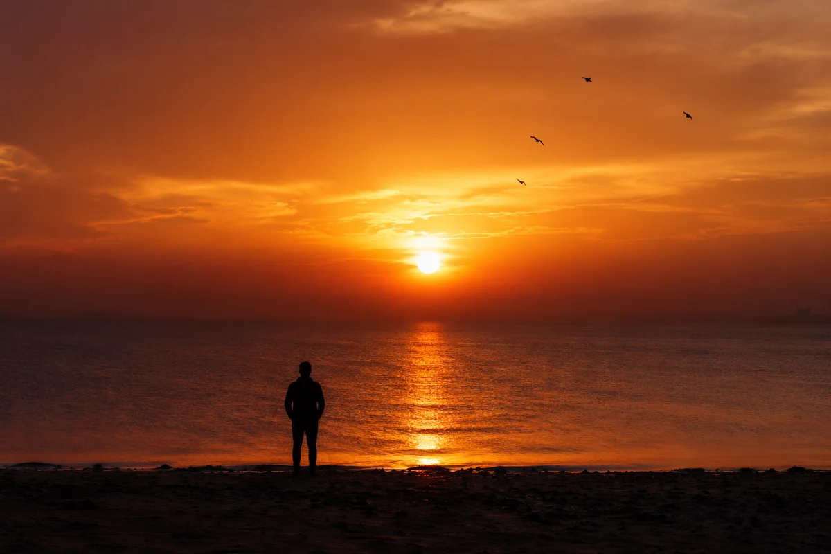 Solitary Silhouette at Golden Sunset Shore