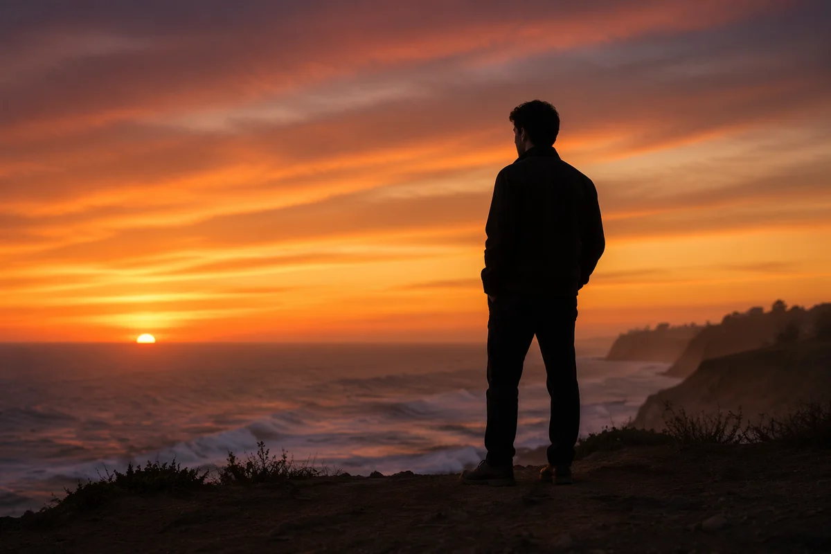 Solitary Man Silhouette on Coastal Bluff
