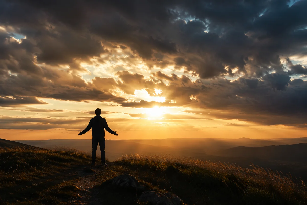 Silhouetted Prayer on Stormlit Sunset Ridge