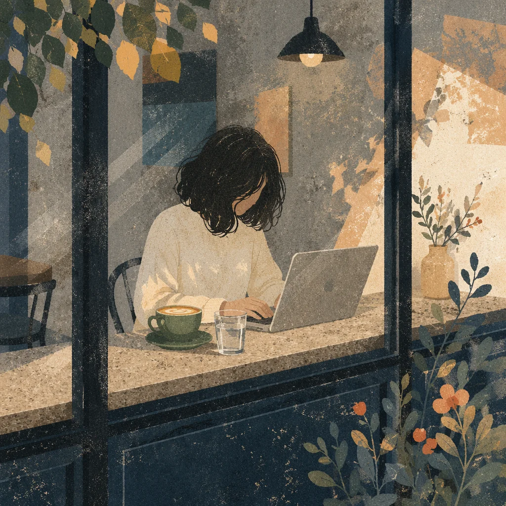 Focused Laptop Work at Quiet Cafe