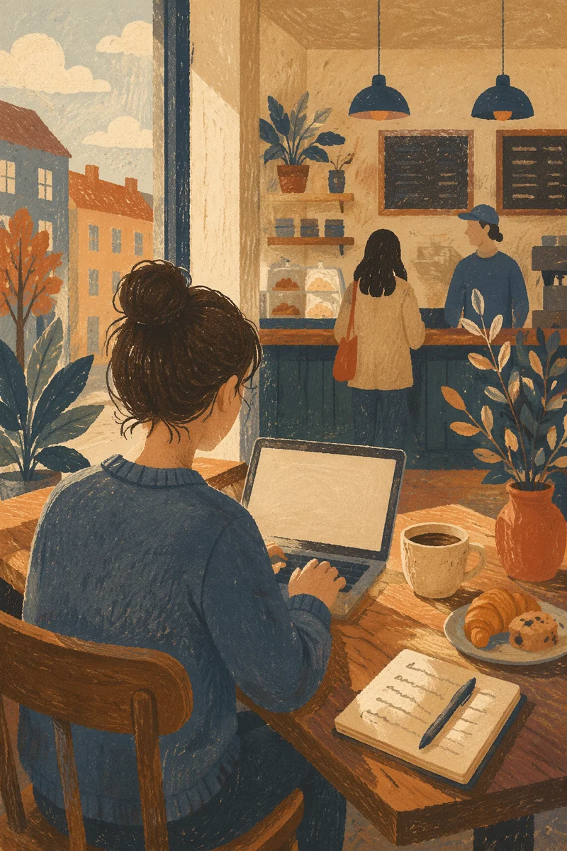 Focused Laptop Work in Cozy Cafe
