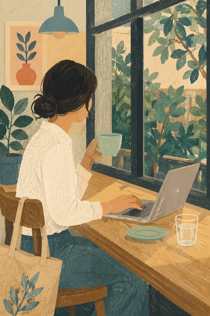 Focused Laptop Work in Quiet Cafe