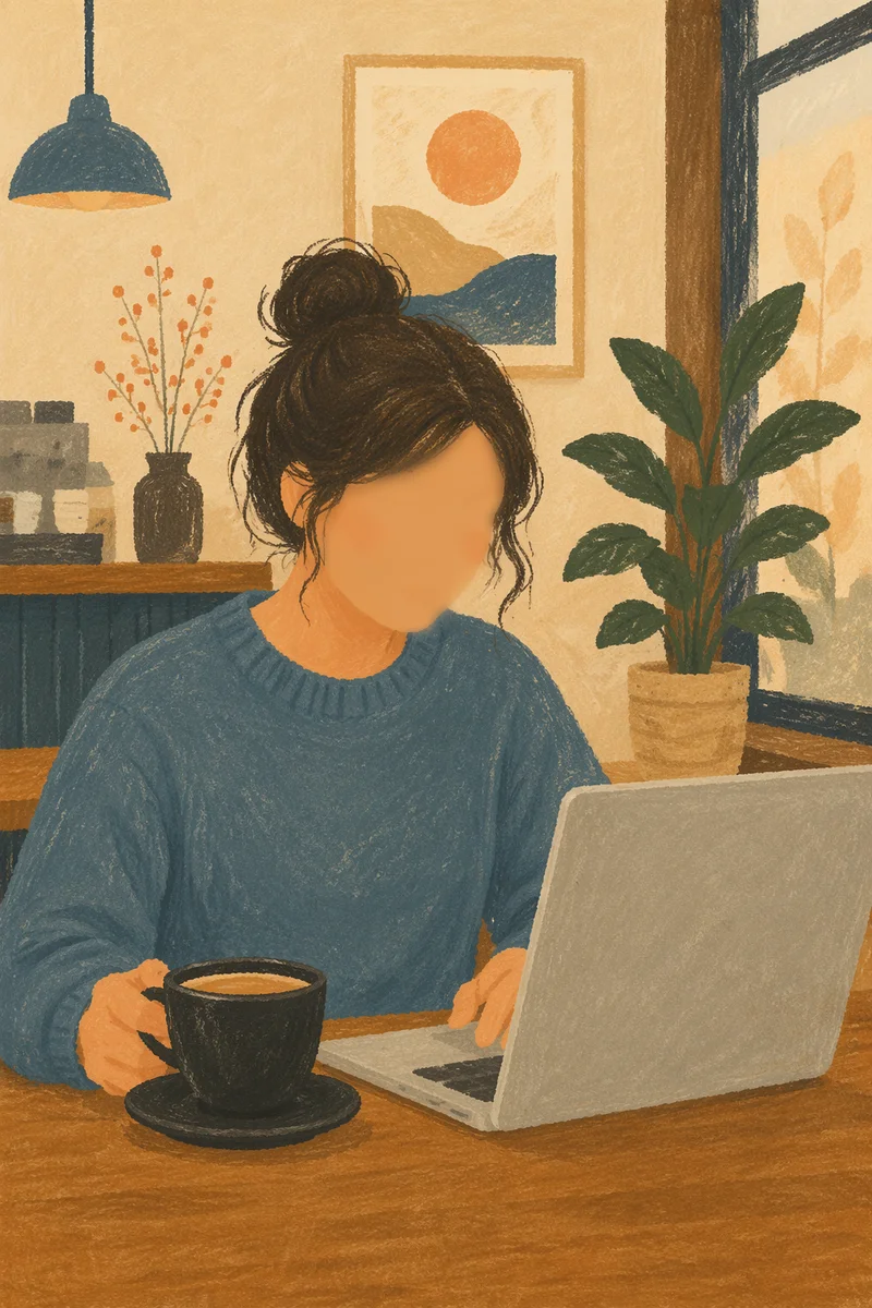 Focused Laptop Work at Cozy Cafe