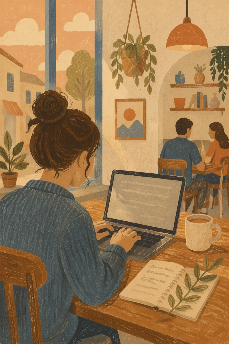 Focused Laptop Work in Peaceful Cafe