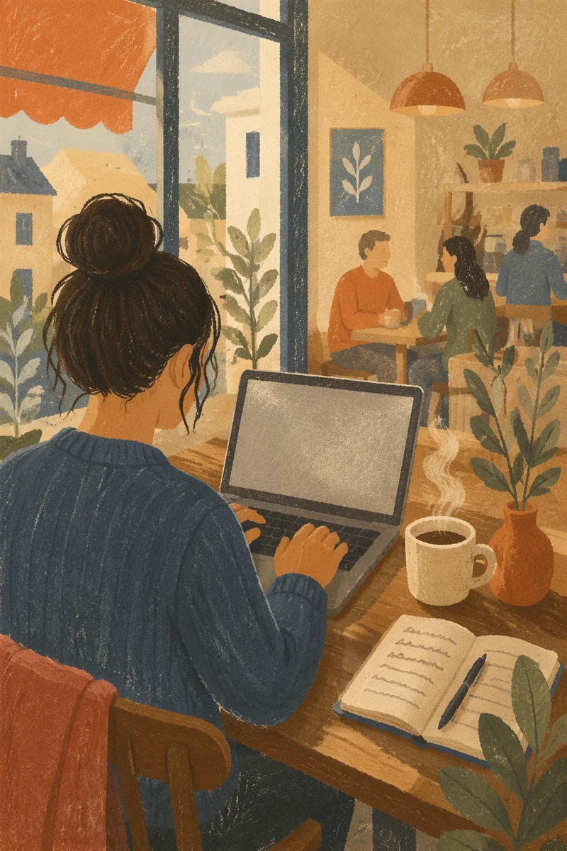 Focused Laptop Work in Cozy Cafe