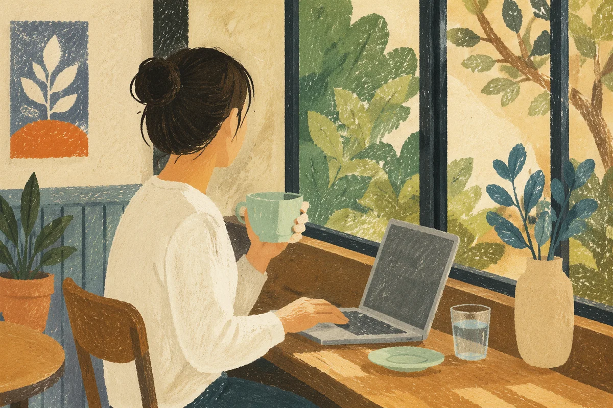 Focused Laptop Work in Quiet Cafe