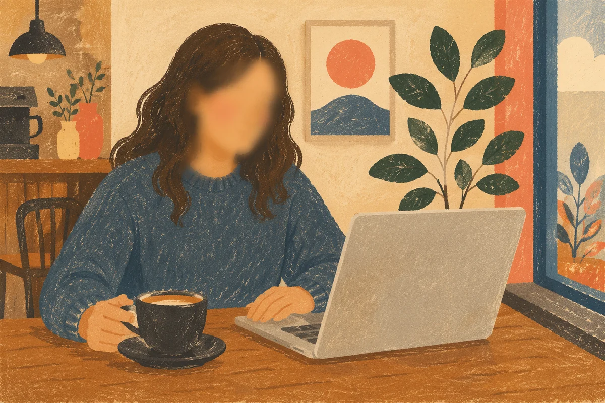 Focused Laptop Work at Cozy Cafe