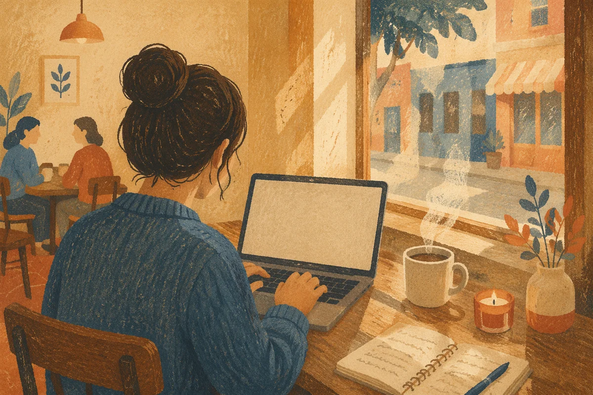 Focused Laptop Work in Cozy Cafe