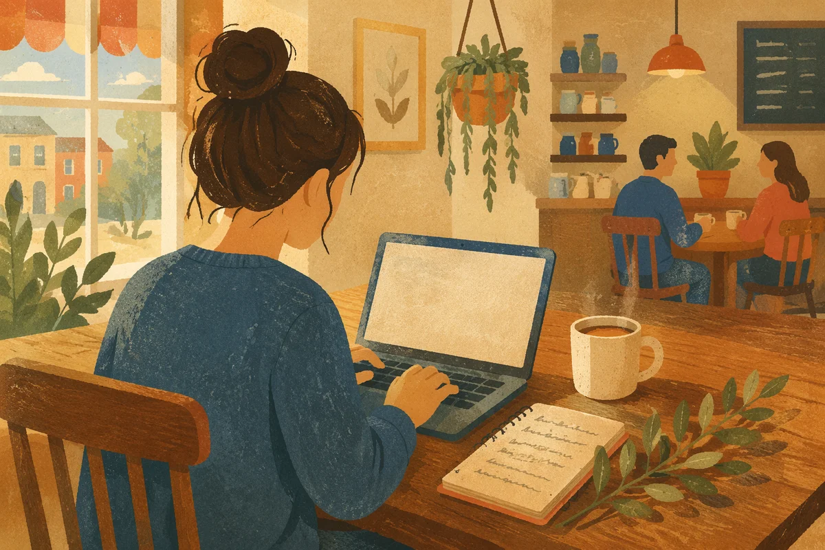 Focused Laptop Work in Cozy Cafe
