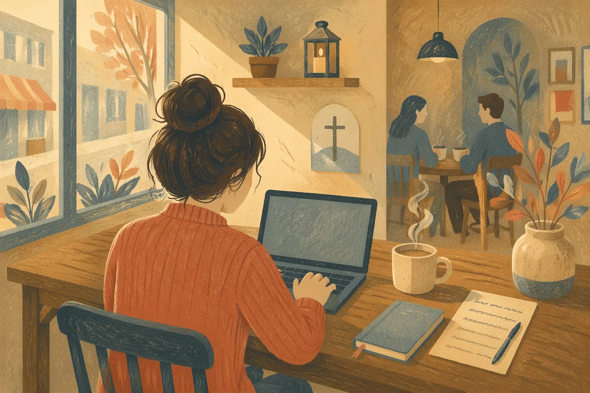 Focused Laptop Work in Cozy Cafe