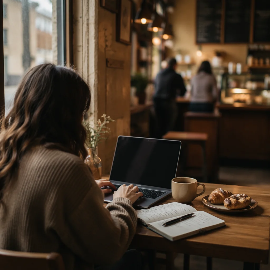 Focused Laptop Work in Cozy Cafe