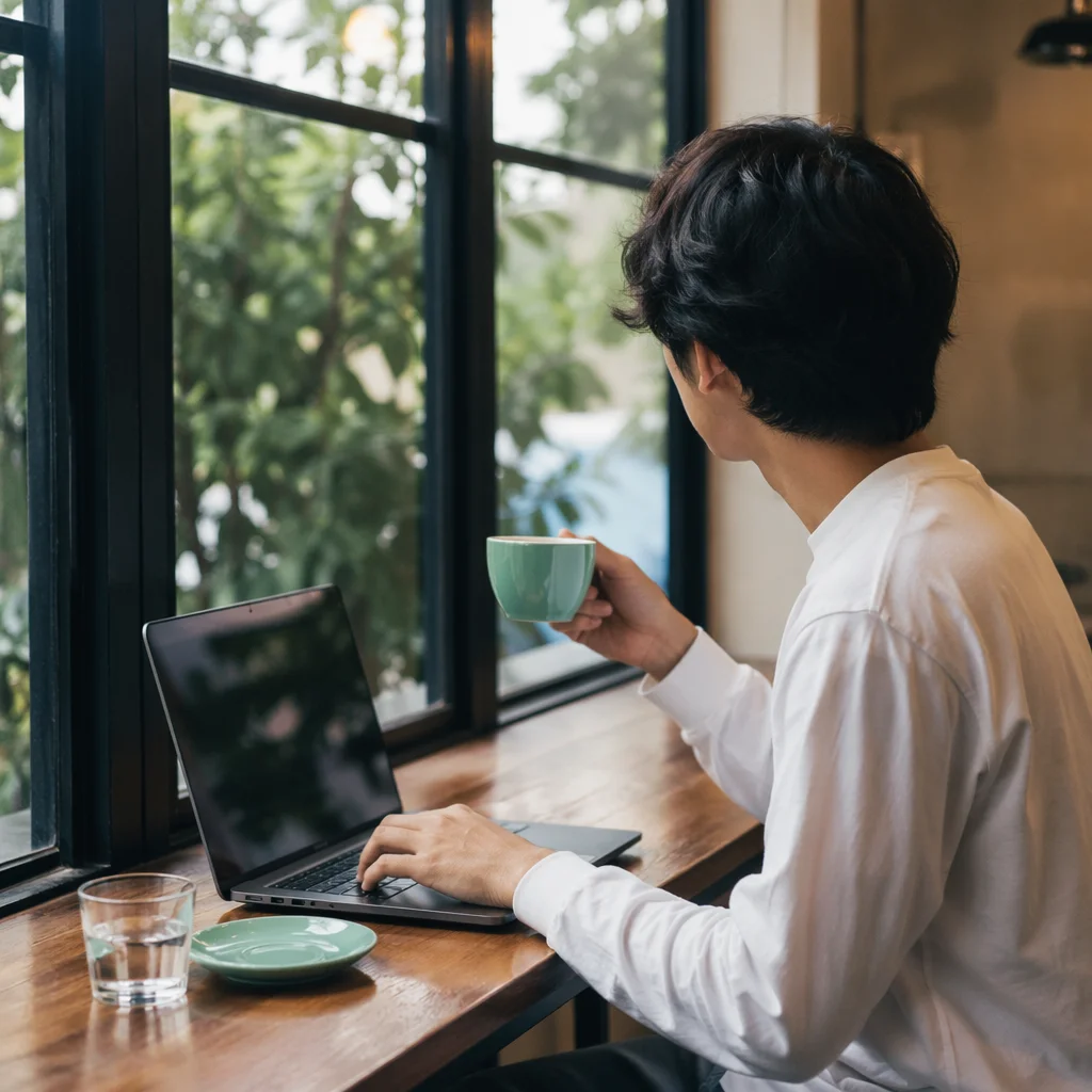 Focused Laptop Work in Quiet Cafe