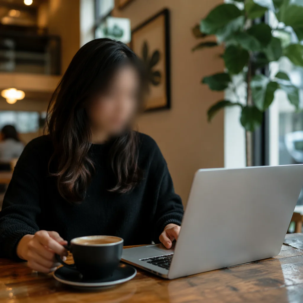 Focused Laptop Work in Cozy Cafe