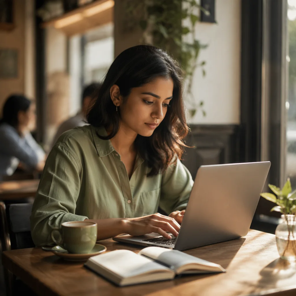 Focused Woman Working on Laptop in Cafe