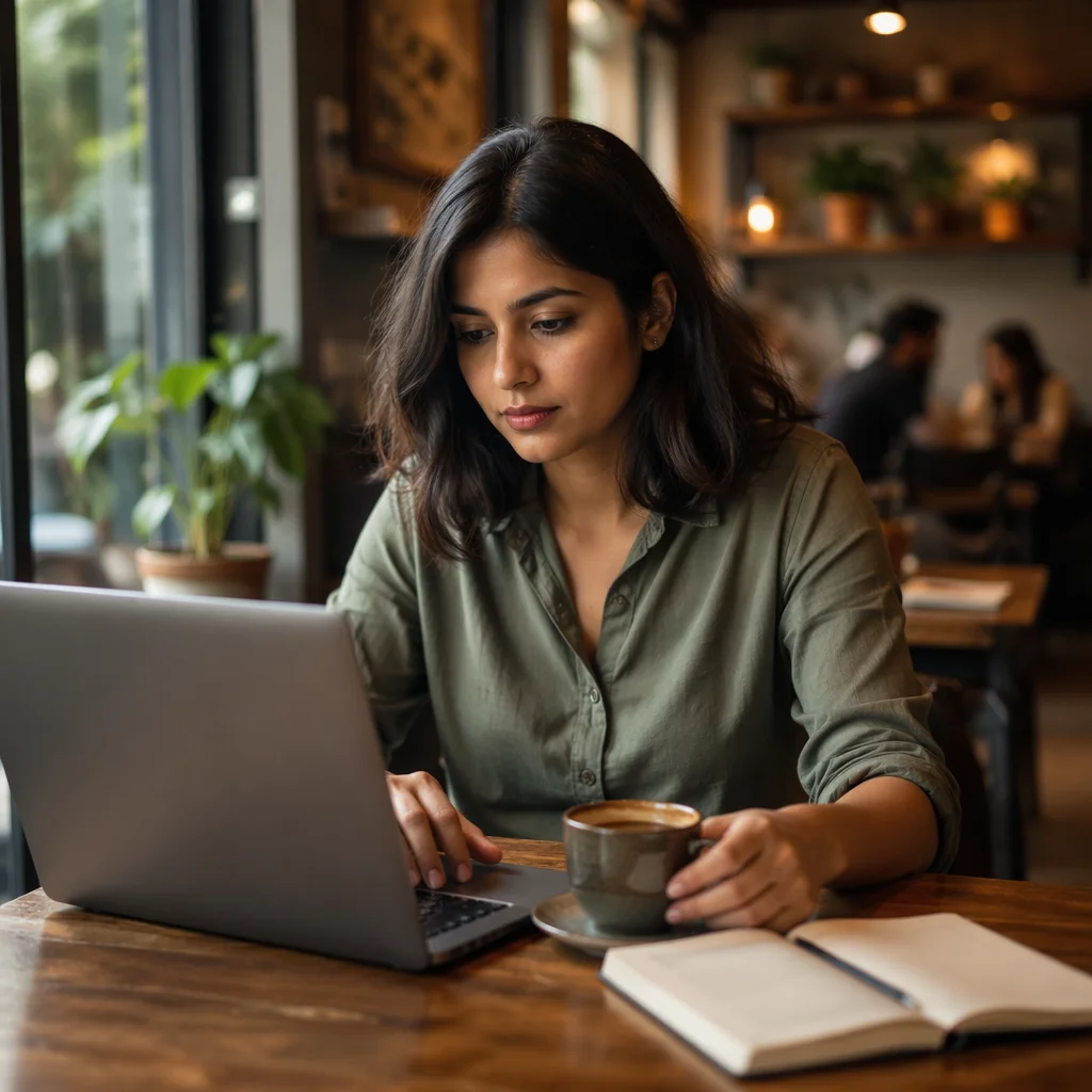 Focused Woman Working on Laptop in Cafe