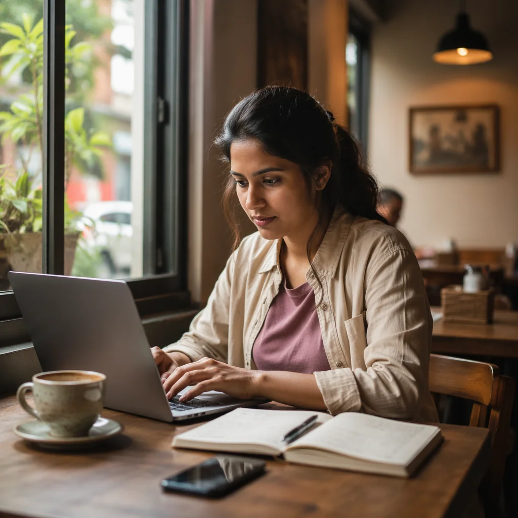 Focused Woman Working on Laptop in Cafe