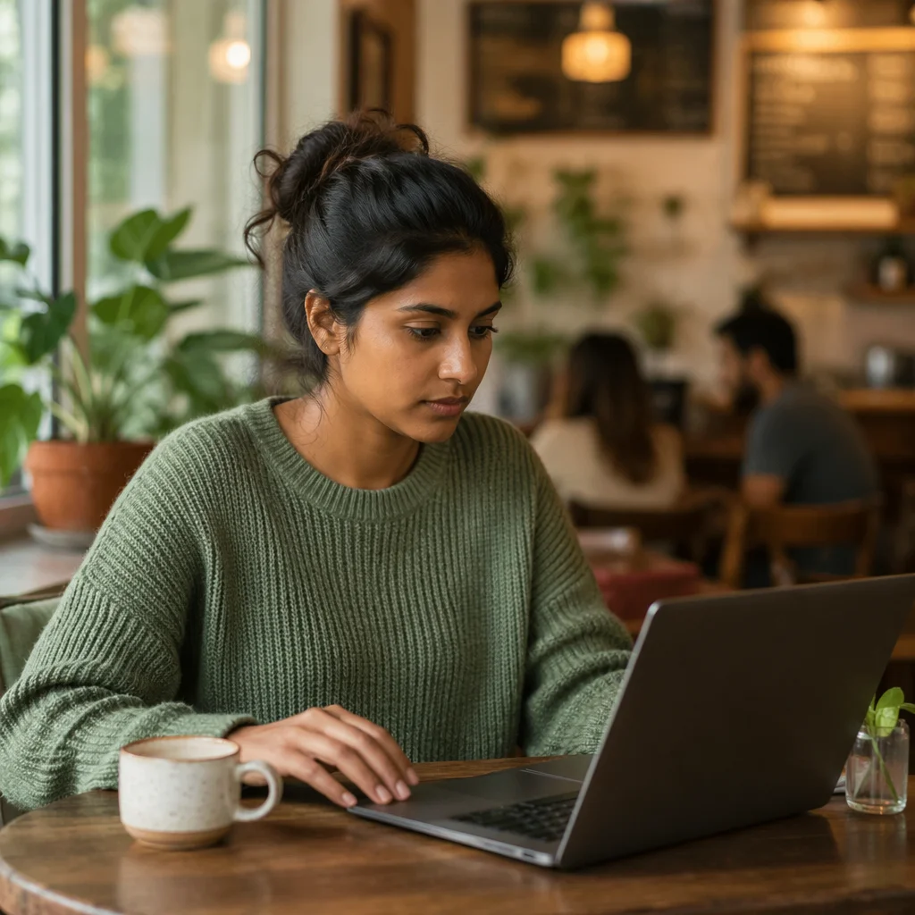Focused Woman Working on Laptop in Cafe