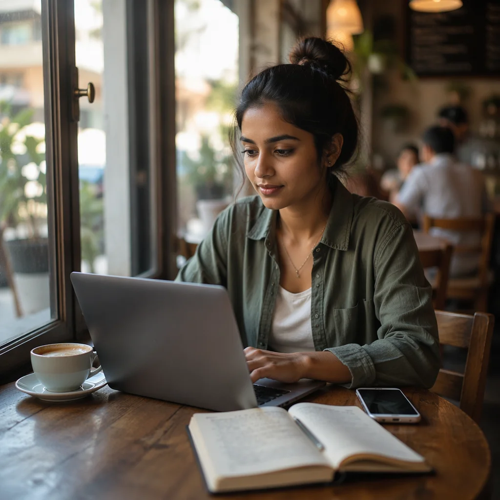 Focused Woman Working on Laptop in Cafe