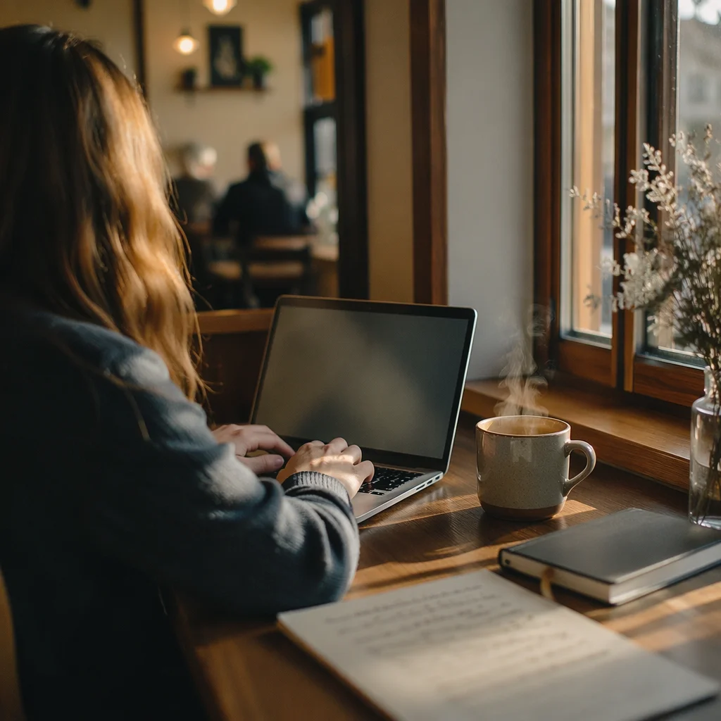Focused Laptop Work in Cozy Cafe