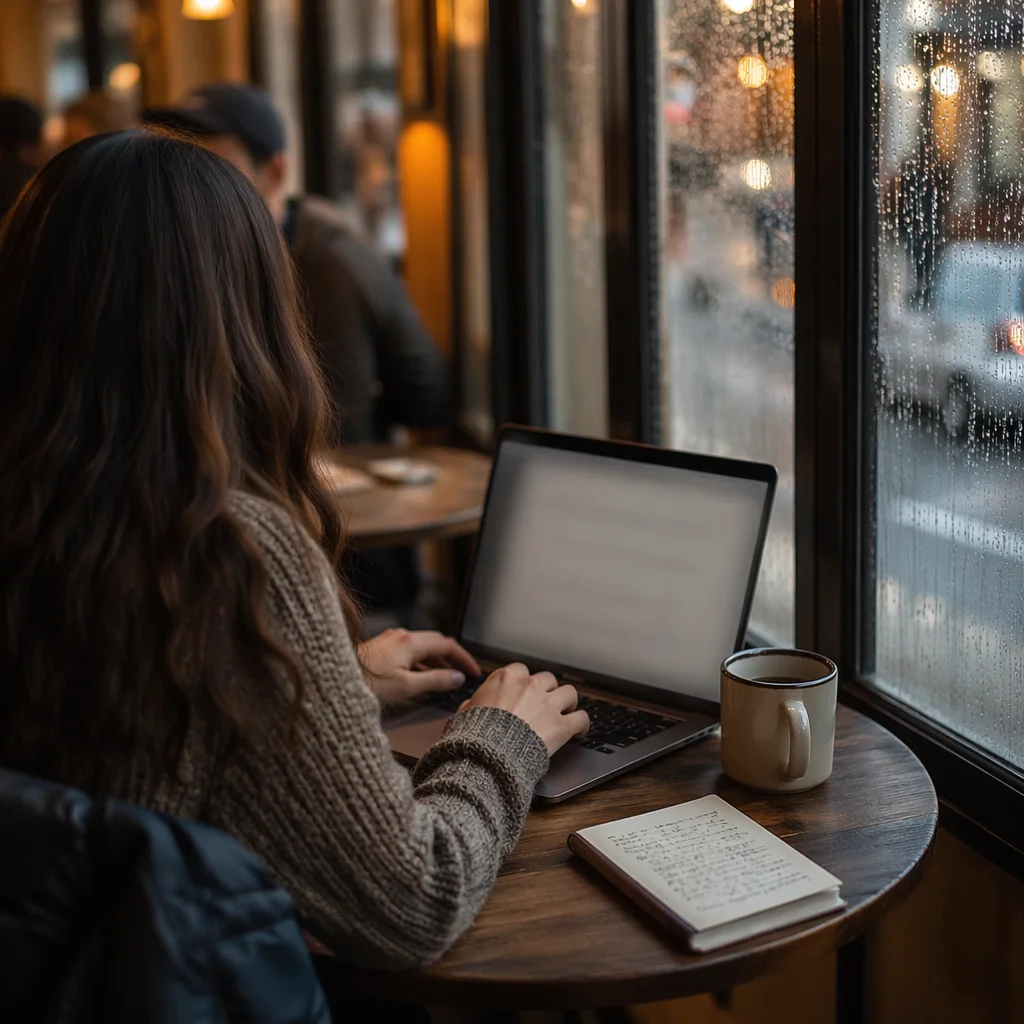 Focused Laptop Work in Rainy Café