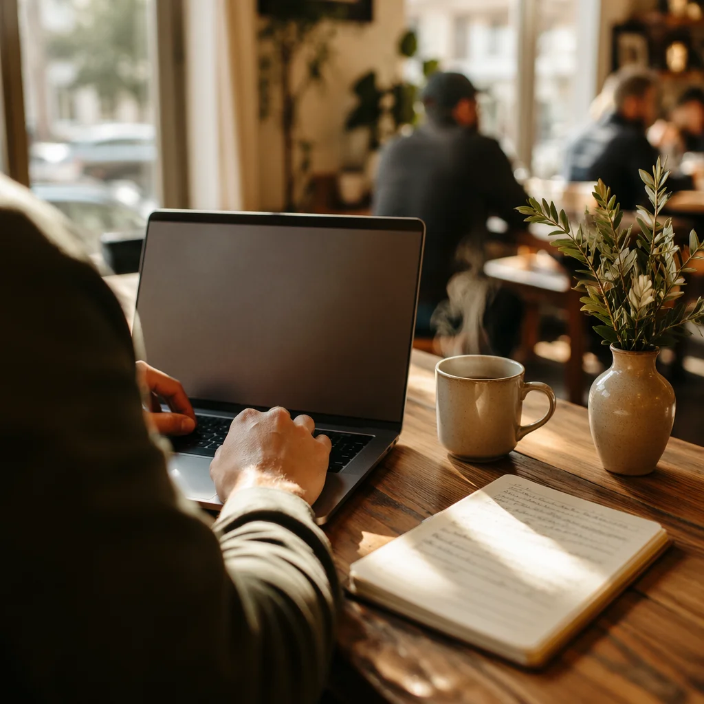 Focused Laptop Work in Cozy Cafe