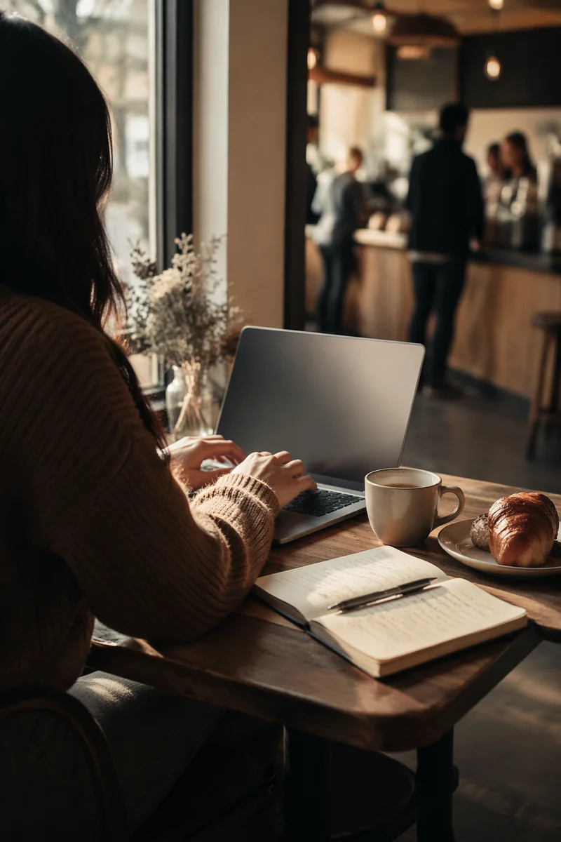 Focused Laptop Work in Cozy Cafe