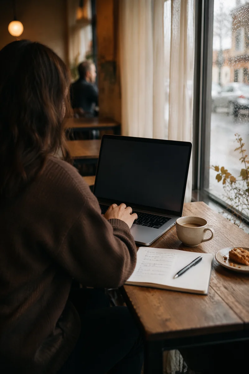 Focused Laptop Work in Cozy Cafe