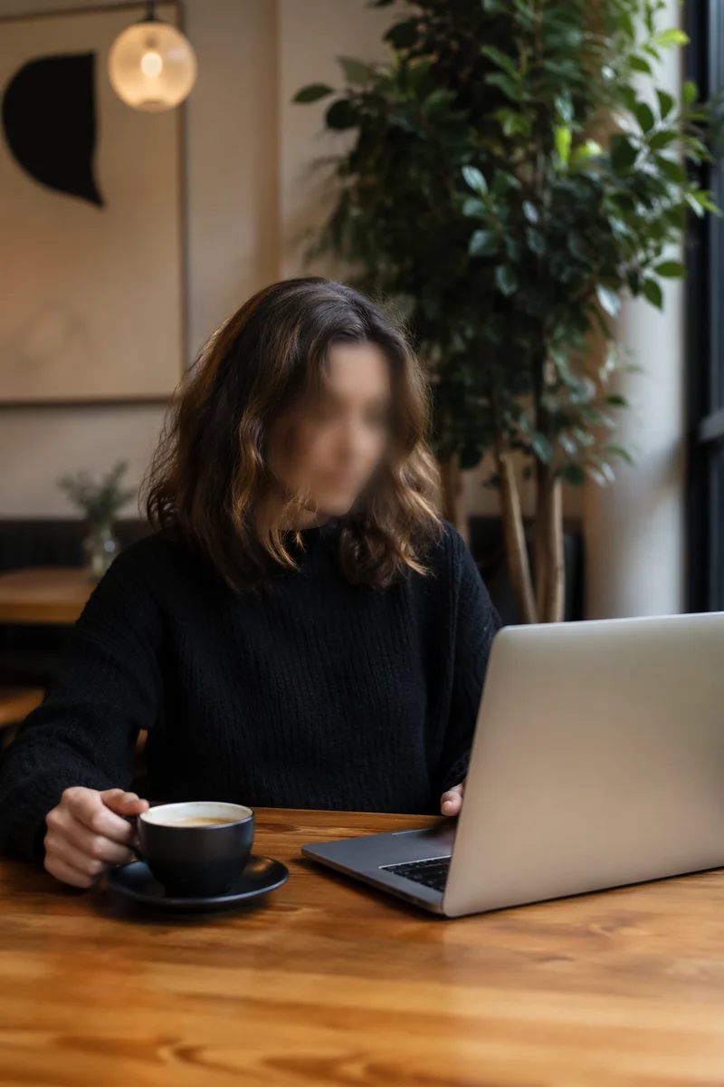 Focused Laptop Work at Cozy Cafe