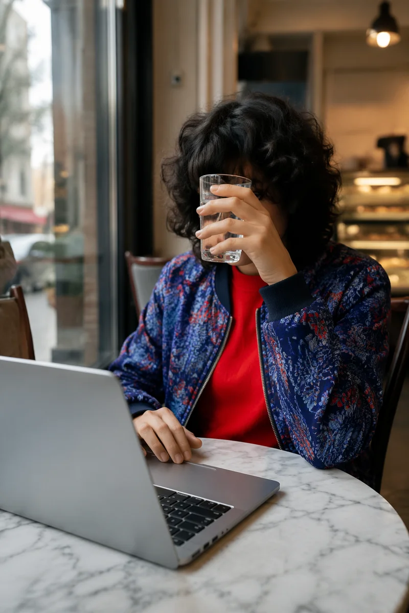 Focused Laptop Work in Cozy Cafe