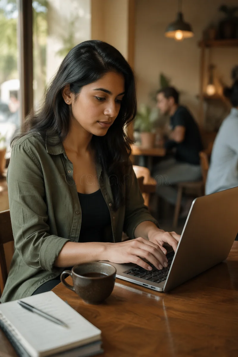 Focused Woman Working on Laptop in Cafe