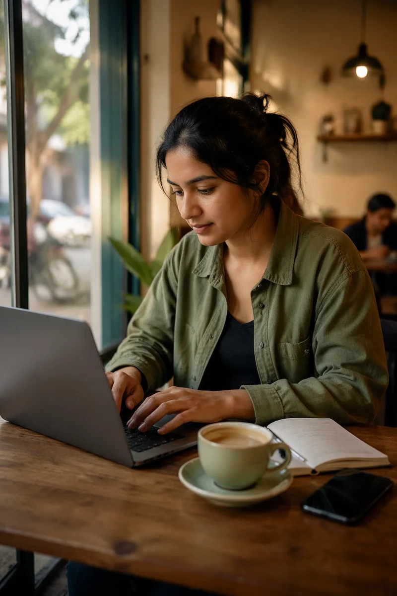 Focused Woman Working on Laptop in Cafe