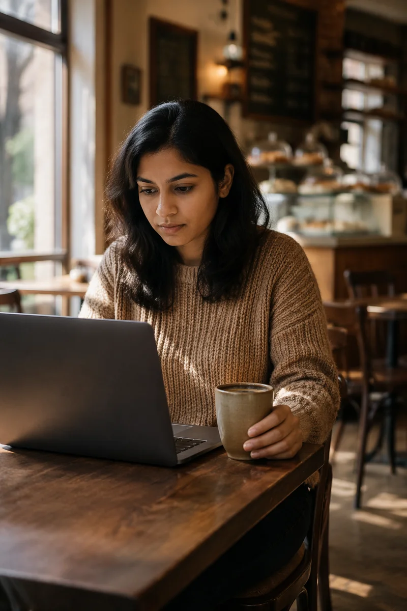 Focused Woman Working on Laptop in Cafe