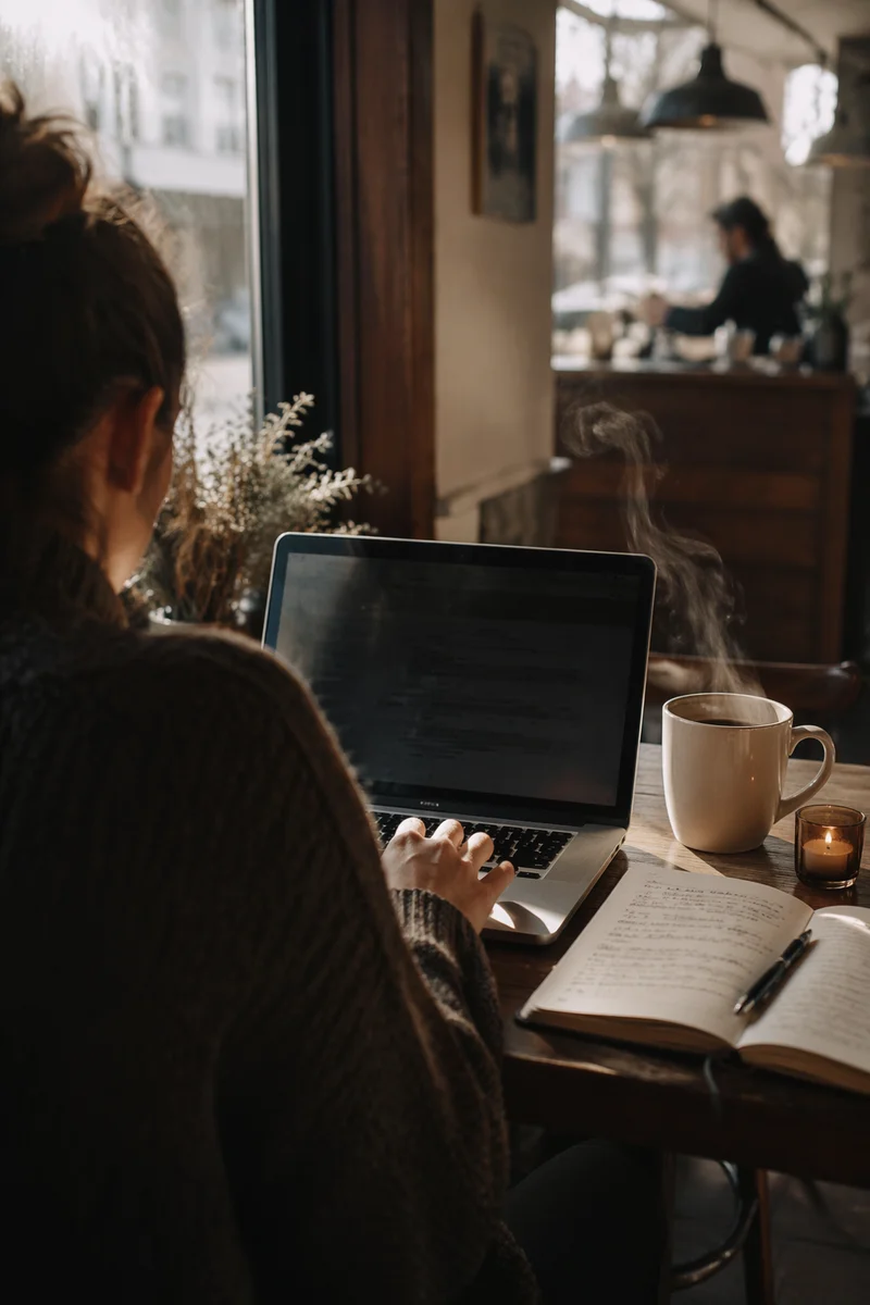 Focused Laptop Work in Cozy Cafe