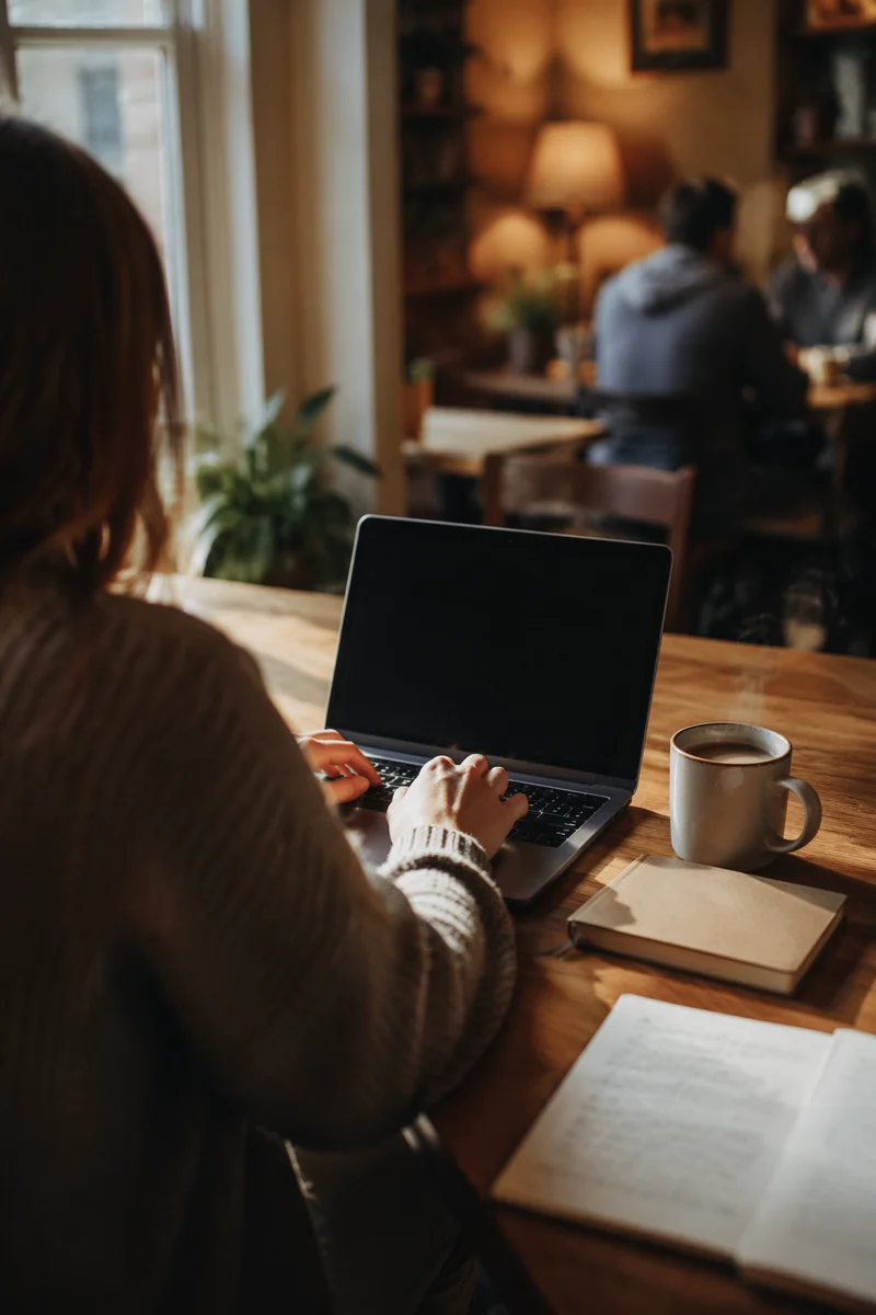 Focused Laptop Work in Cozy Cafe