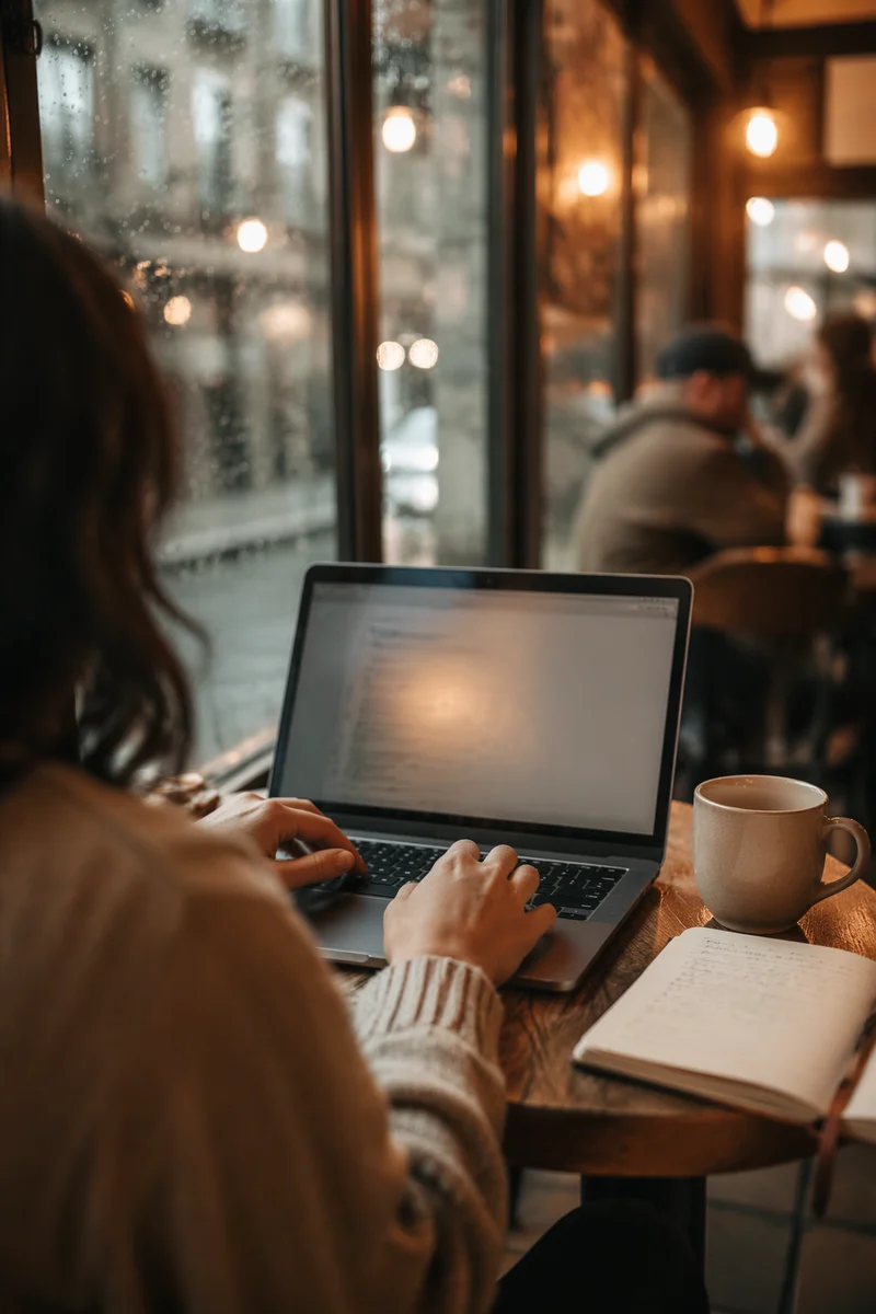 Focused Laptop Work in Rainy Café