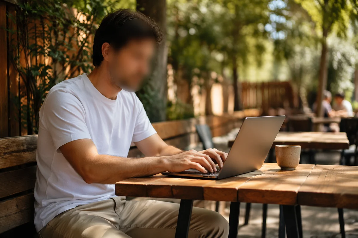 Focused Laptop Work at Outdoor Cafe