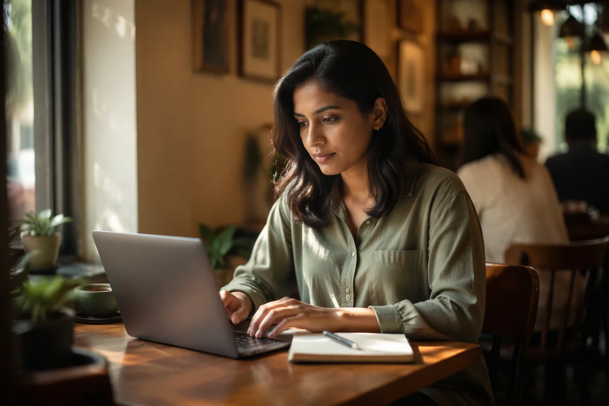 Focused Woman Working on Laptop in Cafe