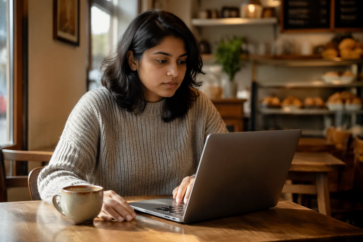 Focused Woman Working on Laptop in Cafe