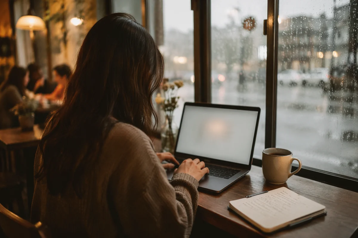 Focused Café Laptop Work in Morning Rain