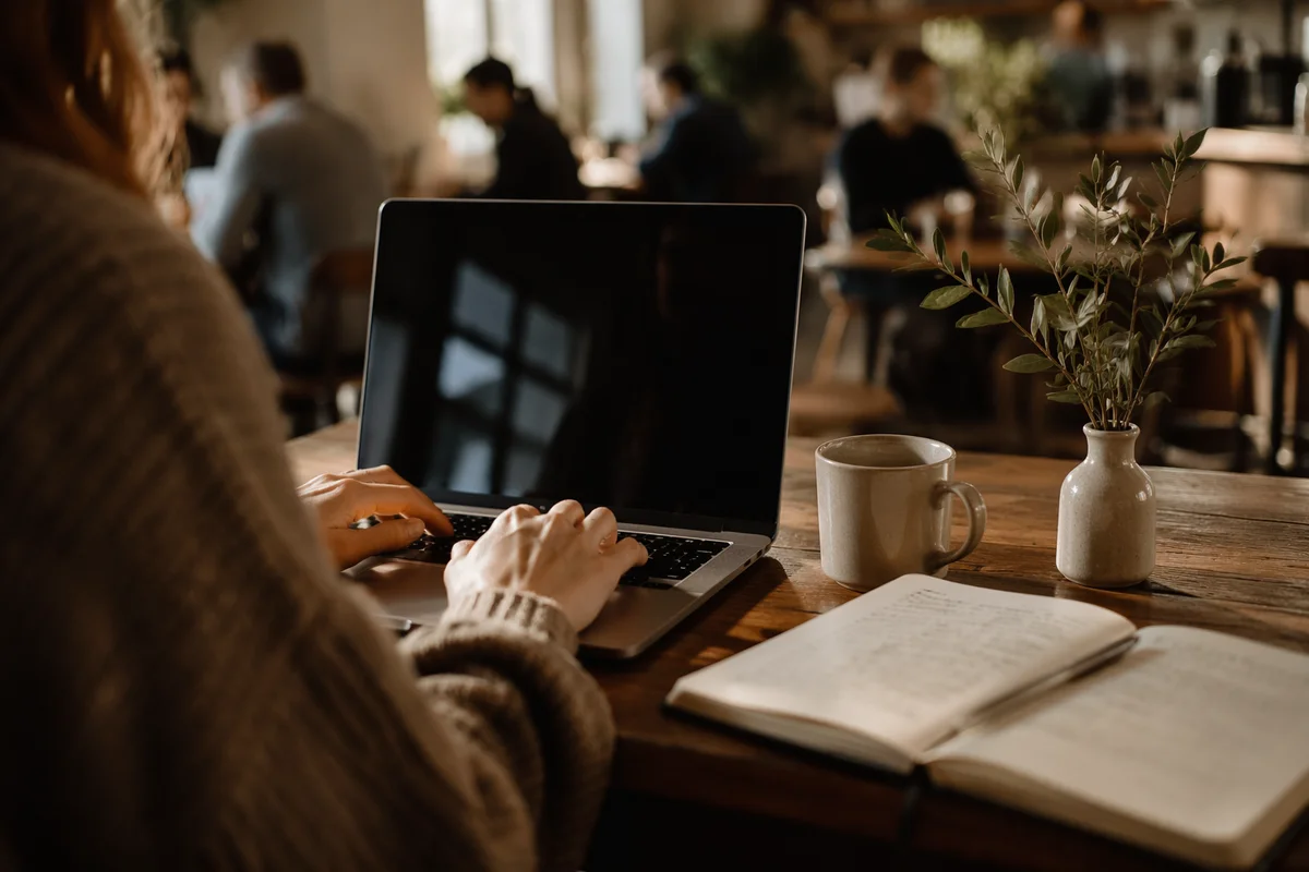 Focused Laptop Work in Cozy Cafe