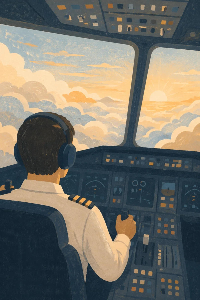 Pilot Above Sunlit Clouds in Cockpit