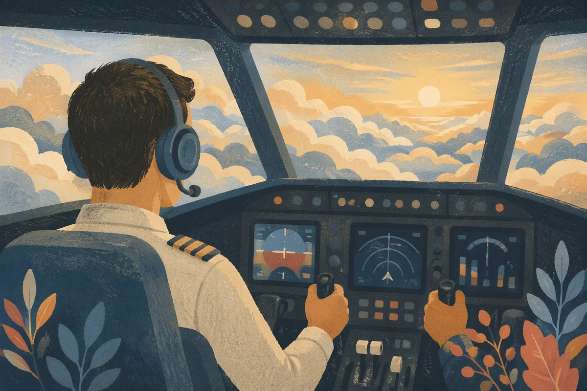 Pilot in Cockpit Above Morning Clouds