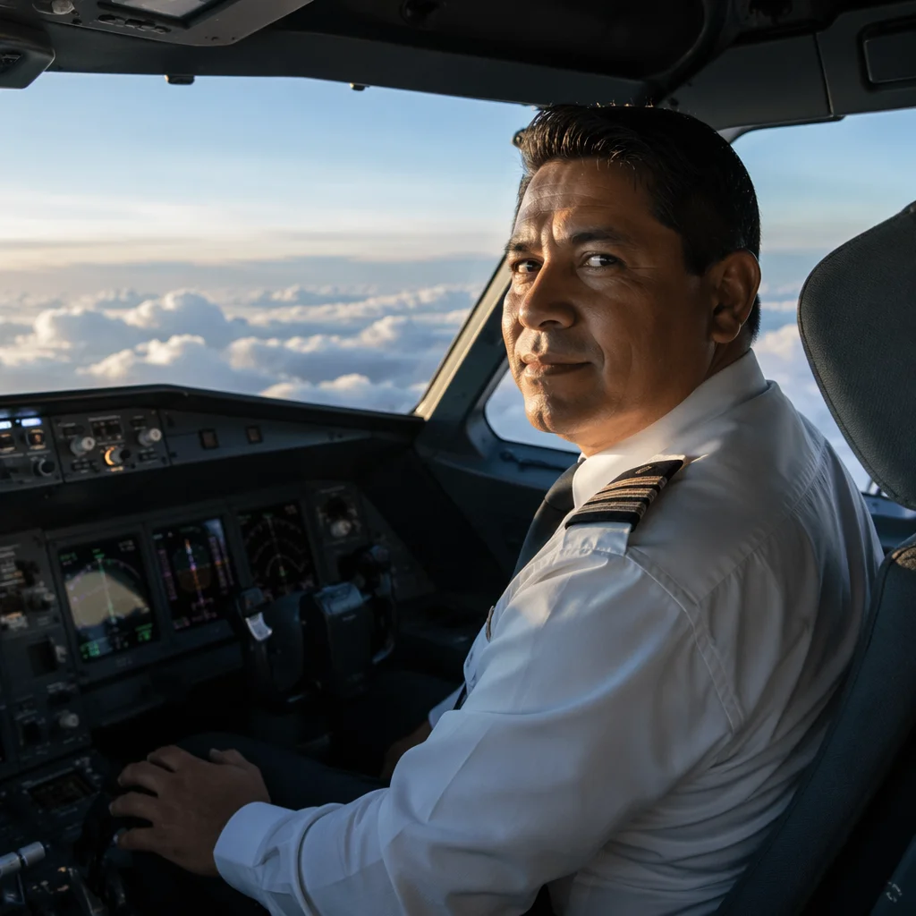 Airline Pilot in Cockpit at Sunrise