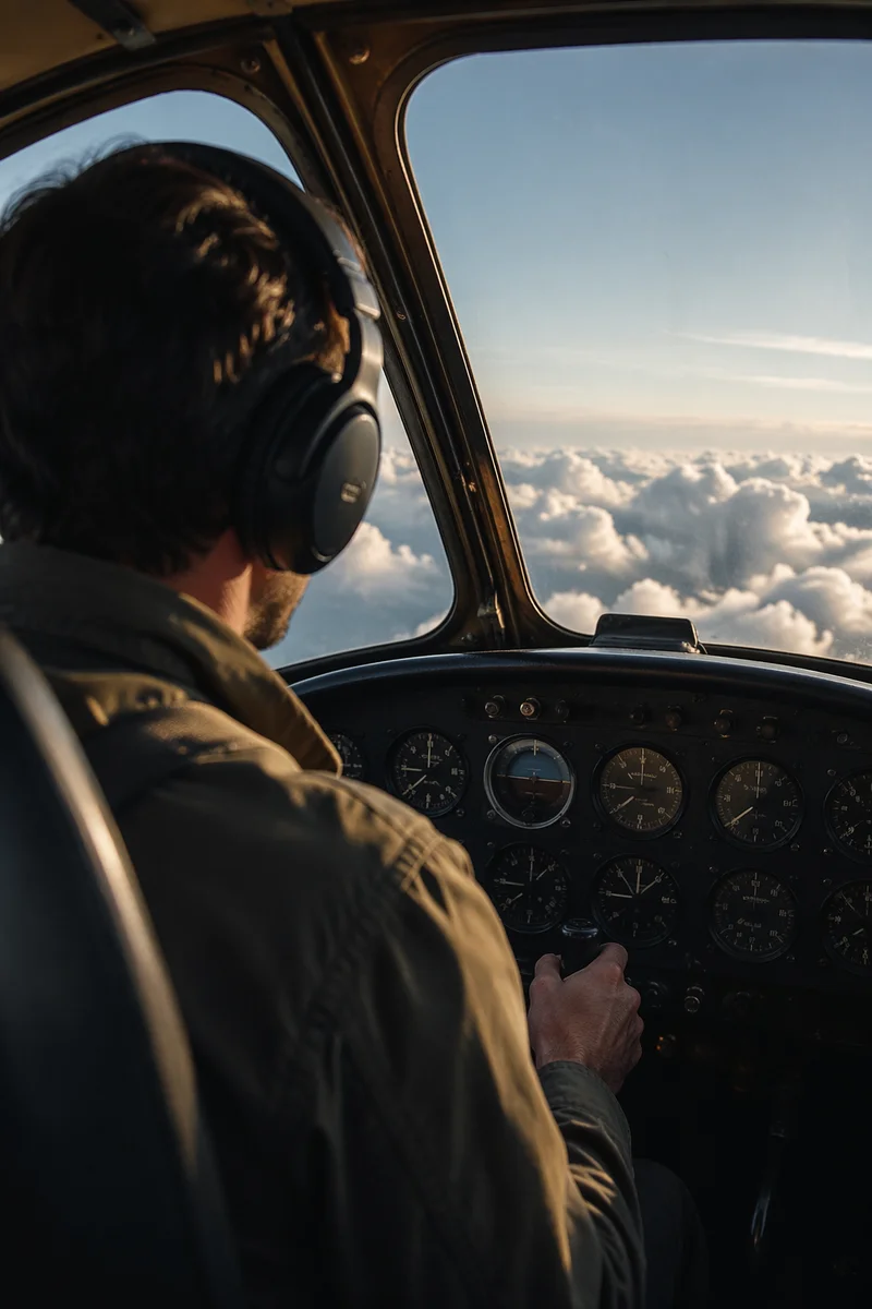 Pilot Viewing Clouds from Vintage Cockpit