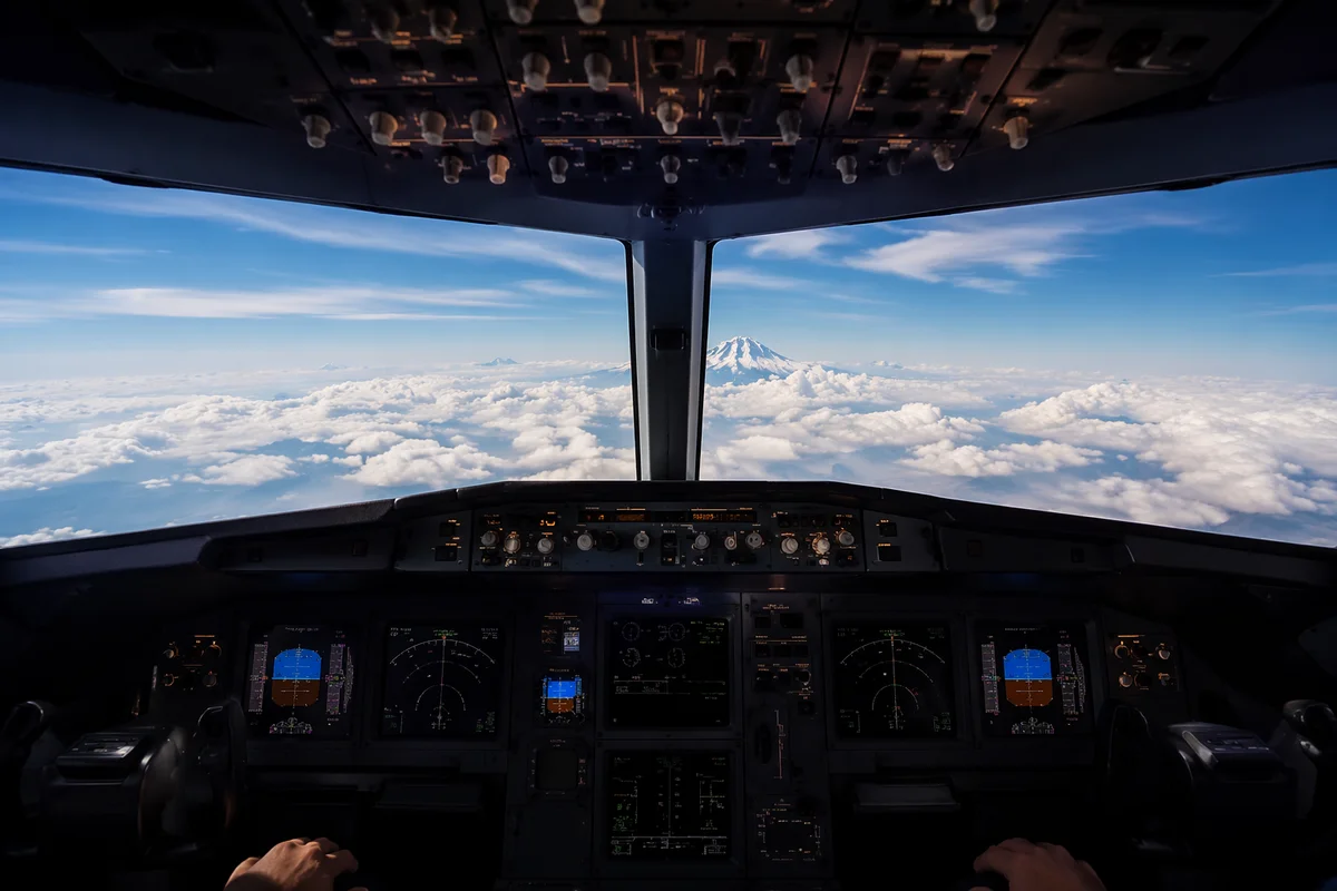 Pilot Hands in Airplane Cockpit Above Clouds
