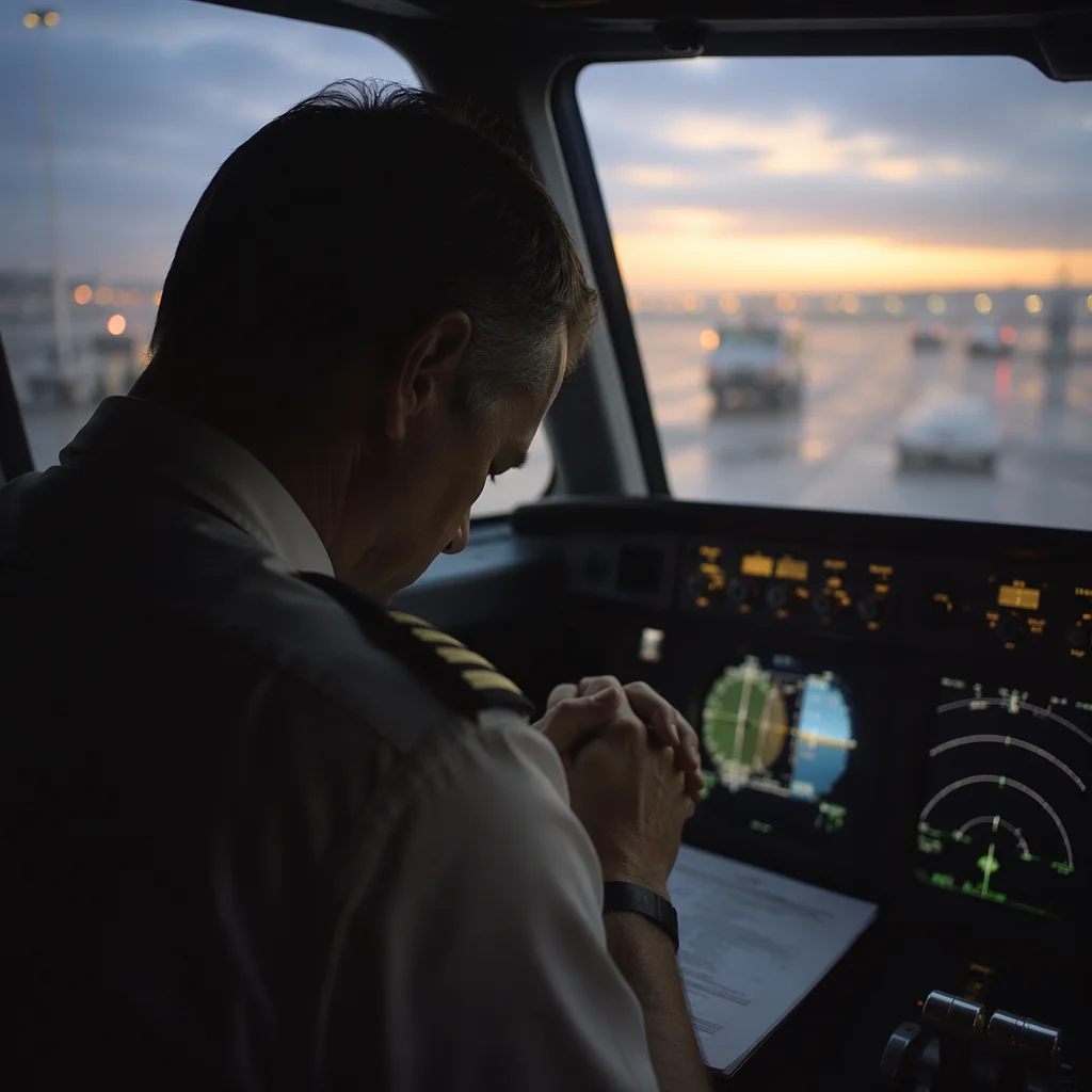 Pilot in Quiet Prayer Before Takeoff