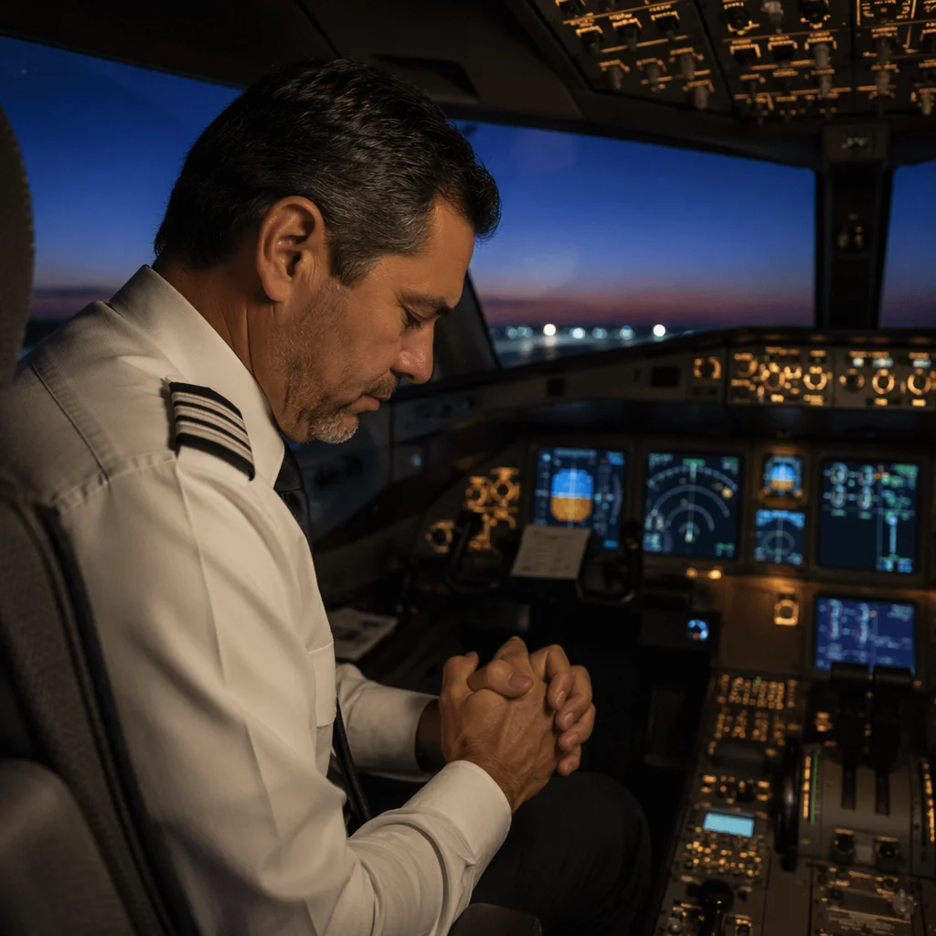 Pilot in Quiet Prayer Before Dawn
