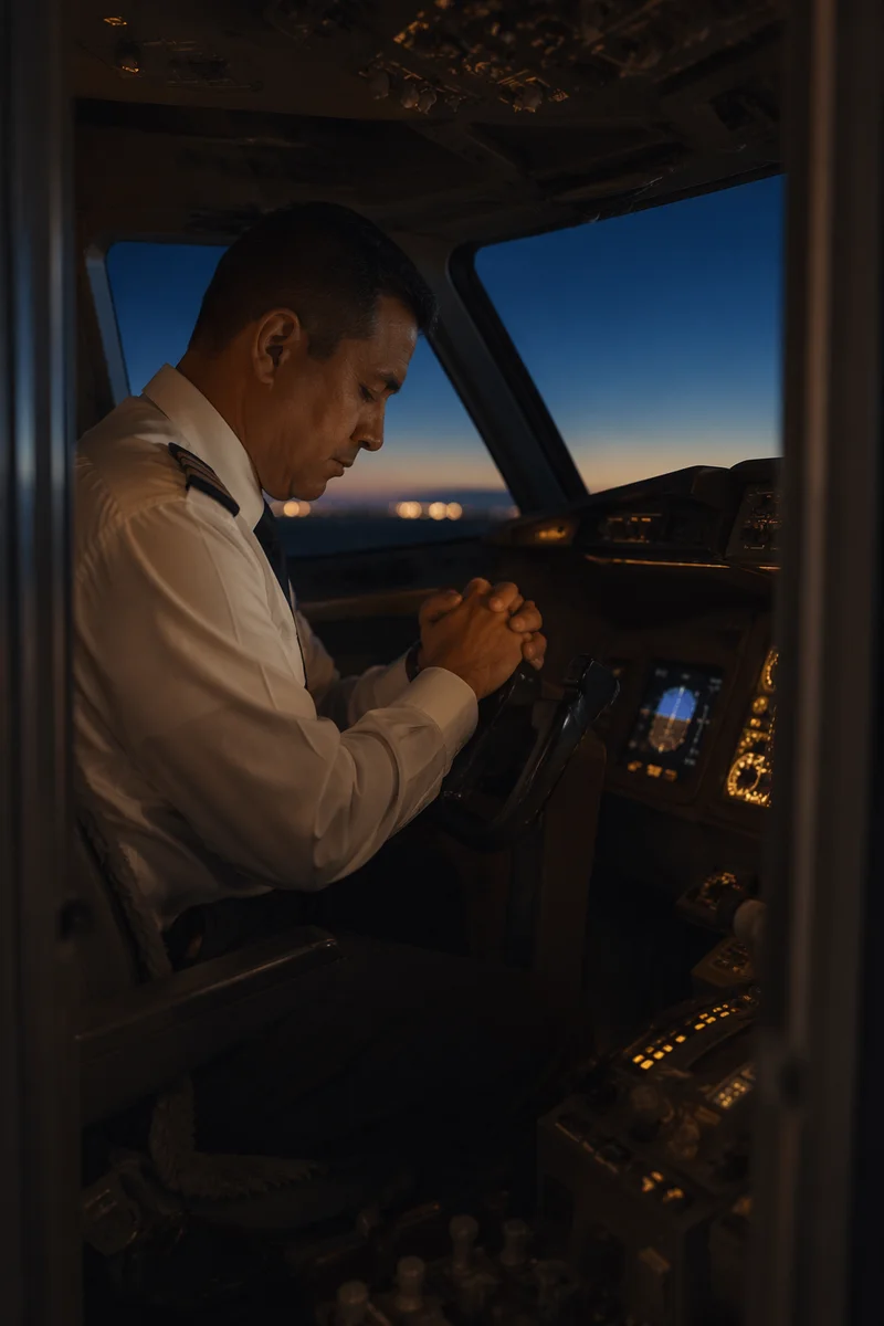 Pilot in Quiet Prayer Before Dawn