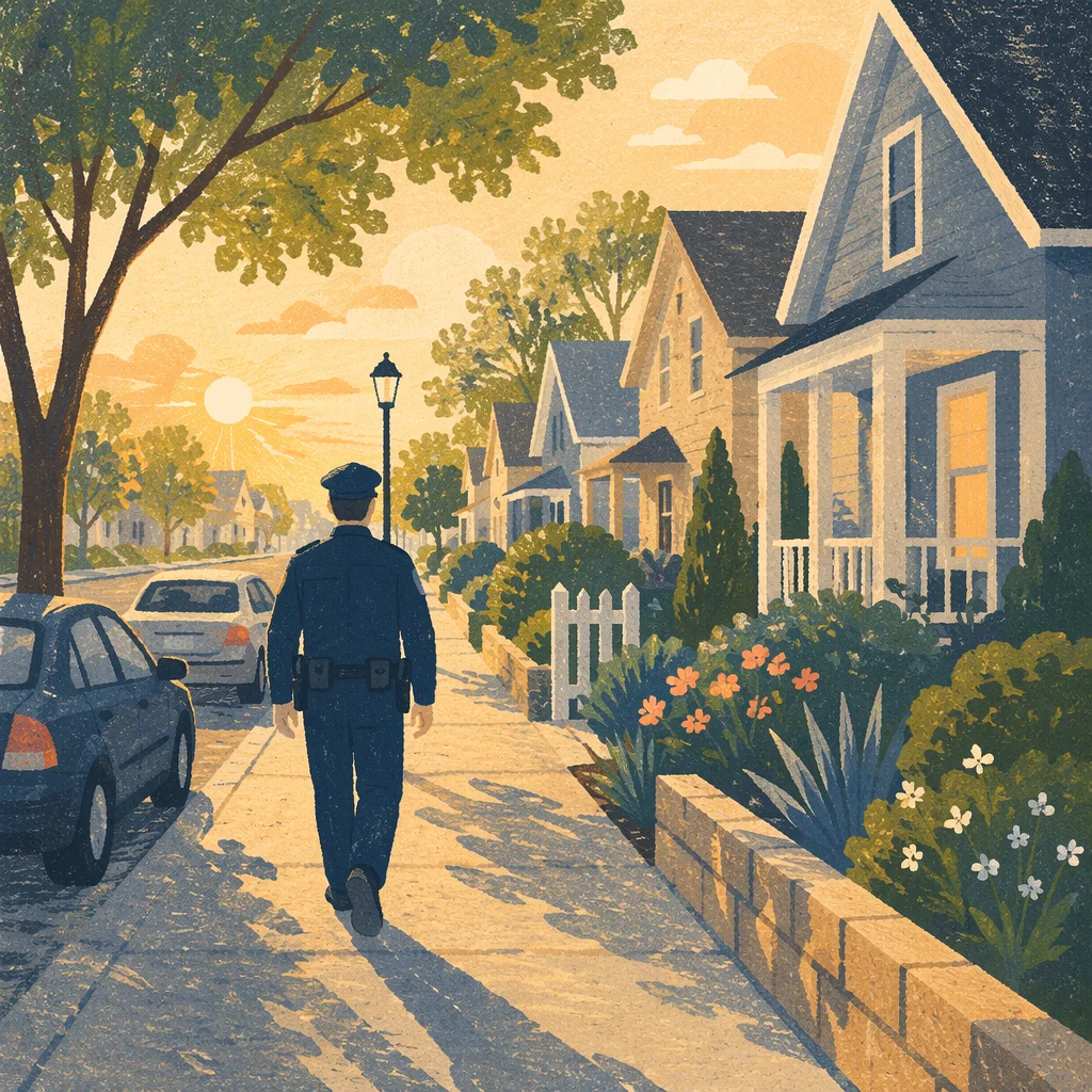Police Officer Patrolling Quiet Neighborhood Street